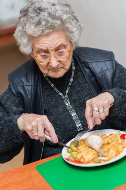 Elderly woman eating healthy lunch.